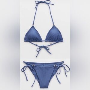 NWT Aerie FULL SET Shine Rib Triangle Top + Cheekiest Tie Bottom Stormy Blue L